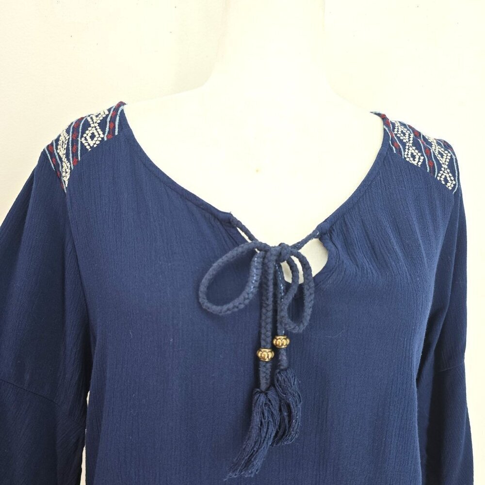 Maurices Navy Blue Aztec Embroidere 3/4 Bell Sleeve Flowy Top Women's Size M - Picture 4 of 7